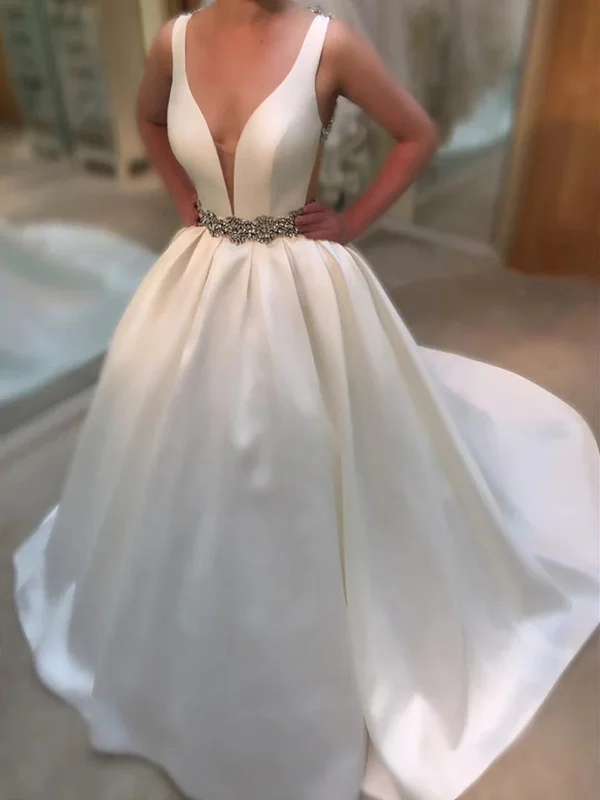 Deep V Neck Backless White  Wedding Dress, Deep V Neck Prom Dresses, White Formal Dresses