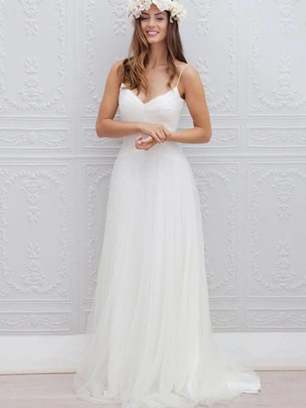 A Line V Neck Spaghetti Straps Backless White Tulle Wedding Dresses, Backless White Prom Dresses