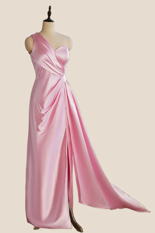 One Shoulder Pink Ruched Long Party Dress