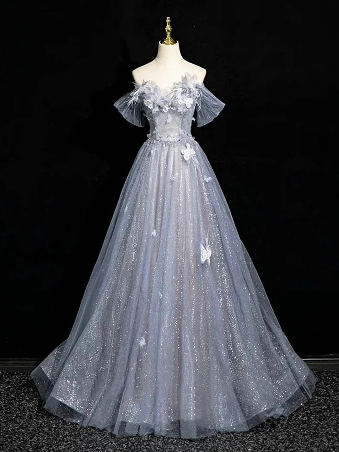 Gray Blue A-Line Tulle Lace Long Prom Dress Off the Shoulder Evening Party Dress, MD7850