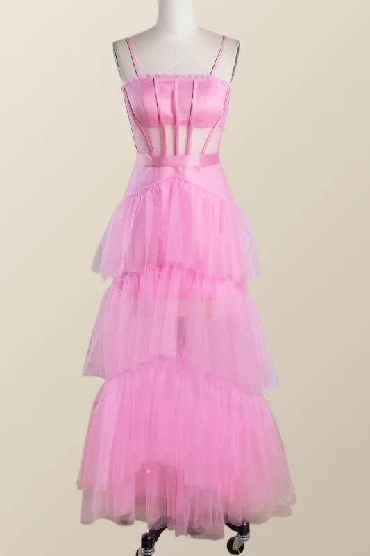 Pink Tulle Tiered Ruffle Party Dress