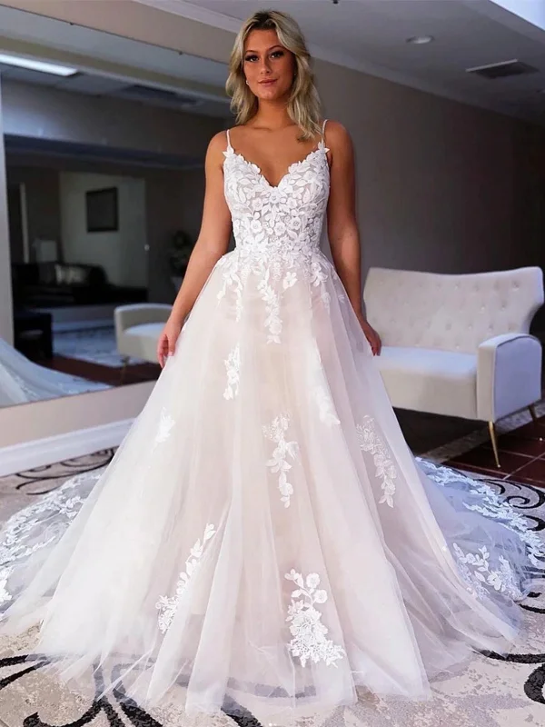 V Neck Backless Ivory Lace Long Prom Wedding Dresses, Ivory Lace Formal Graduation Evening Dresses SP2369