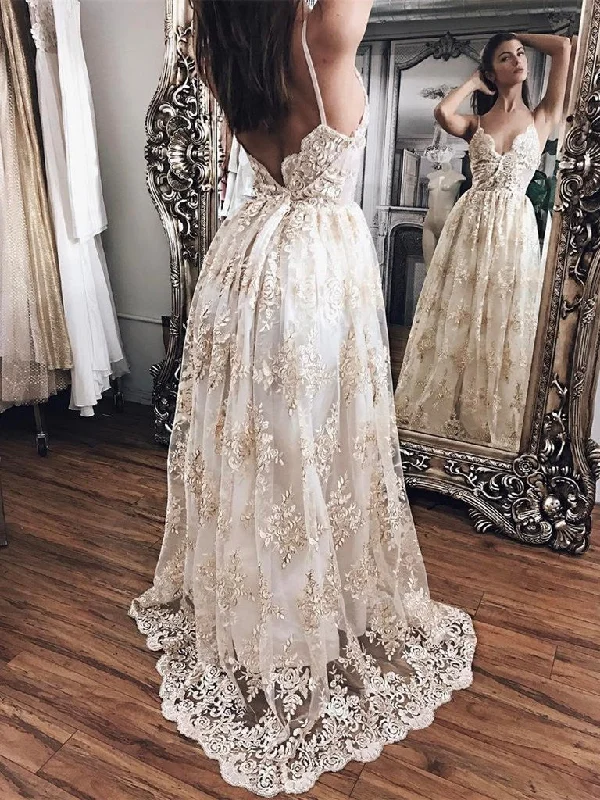 Custom Made A Line V Neck Backless Lace Wedding Dress with Champagne Appliques, Backless Prom Dresses, Graduation Dresses, Formal Dresses