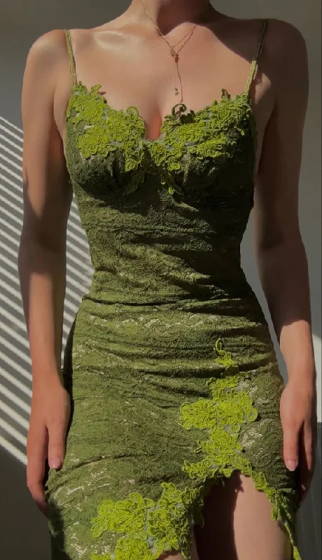 Green Spaghetti Straps Lace Sheath Party Dress Evening Gown, MD7861