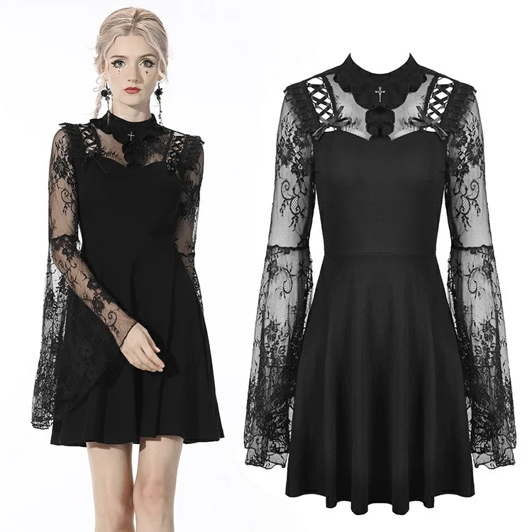 Women's Gothic Sheer Sleeved Cutout Black Dress Wedding Dress