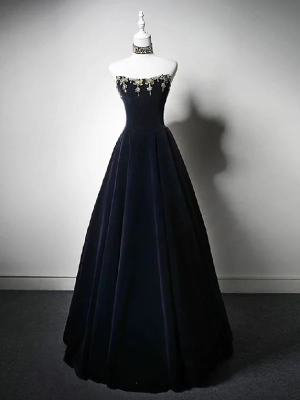 Dark Navy Strapless A-Line Velvet Long Formal Party Dress MD7700