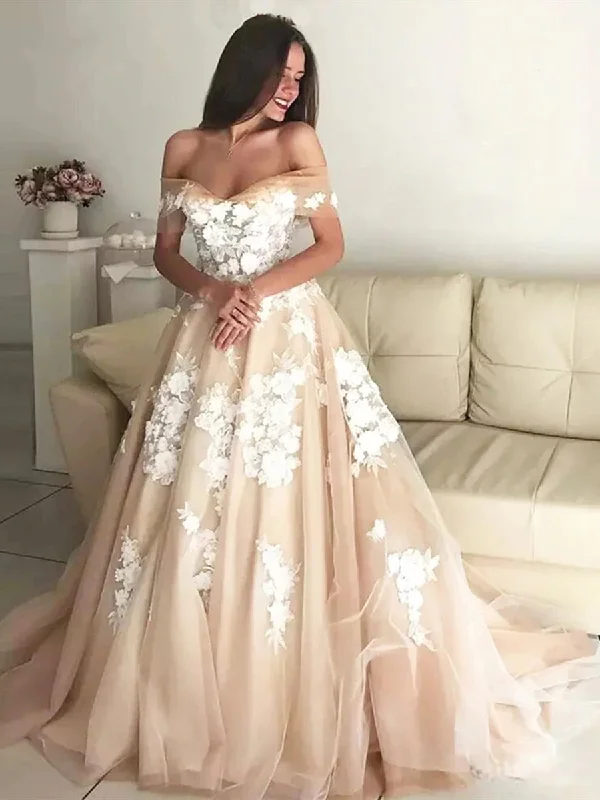 Off Shoulder White Lace Appliques Champagne Prom Dresses Wedding Dresses, Off Shoulder Champagne Formal Dresses, Champagne Evening Dresses