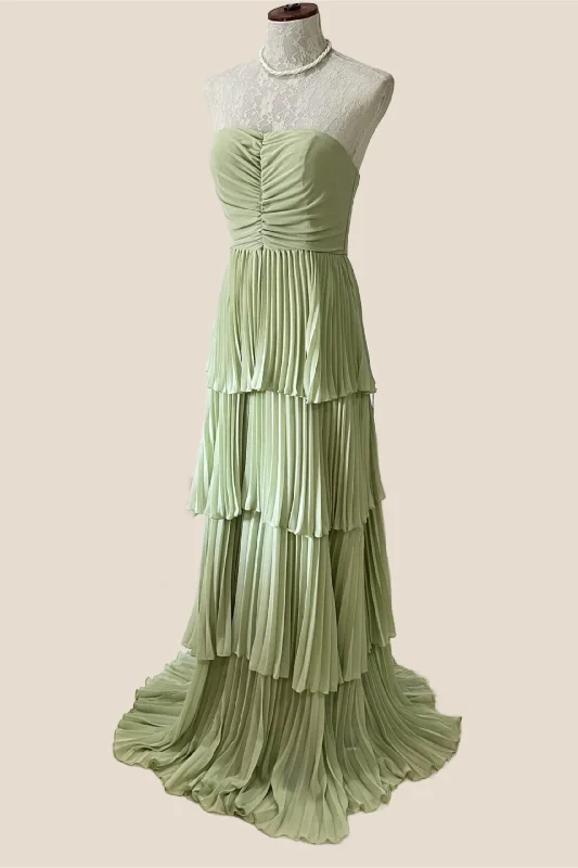 Sage Green Chiffon Pleated Chiffon Tiered Party Dress