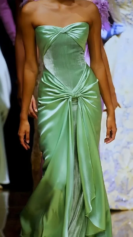 Elegant Green Strapless Sheath Velvet Satin Long Formal Party Dress MD7716