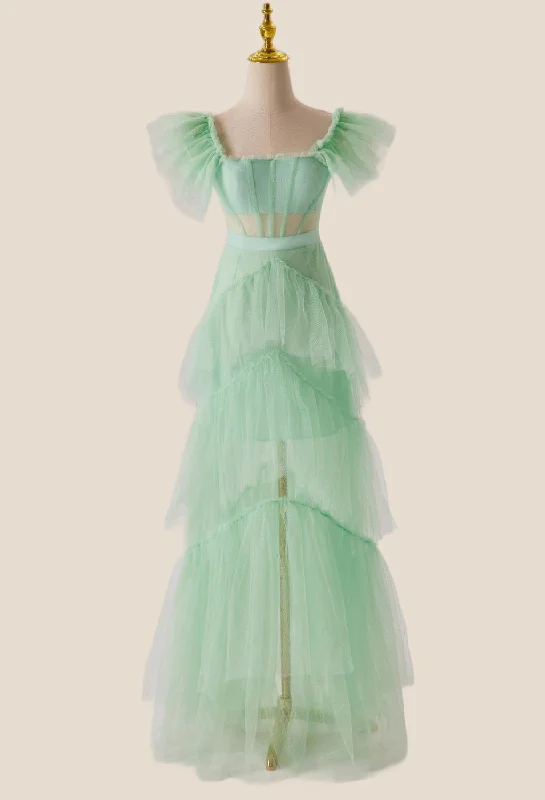 Mint Green Flare Sleeves Ruffles Long Party Dress