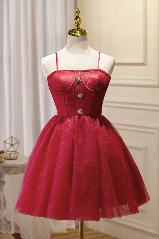 Straps Red A-line Tulle Short Party Dress