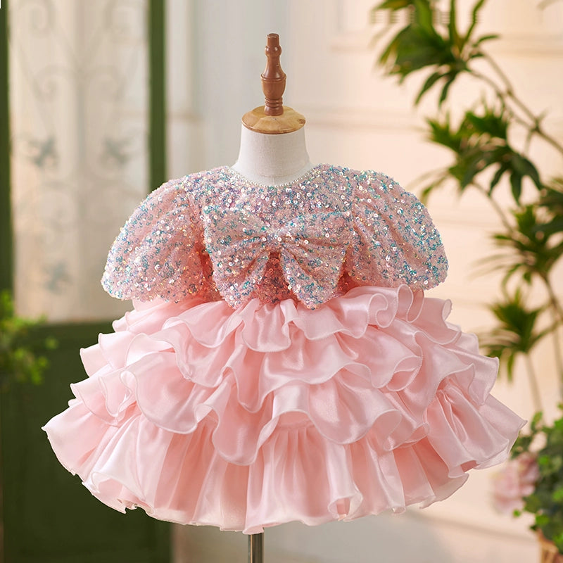 Elegant Baby Sequined Pink Flower Girl Wedding Dress Puffy Dress Toddler Beauty Pageant Dress