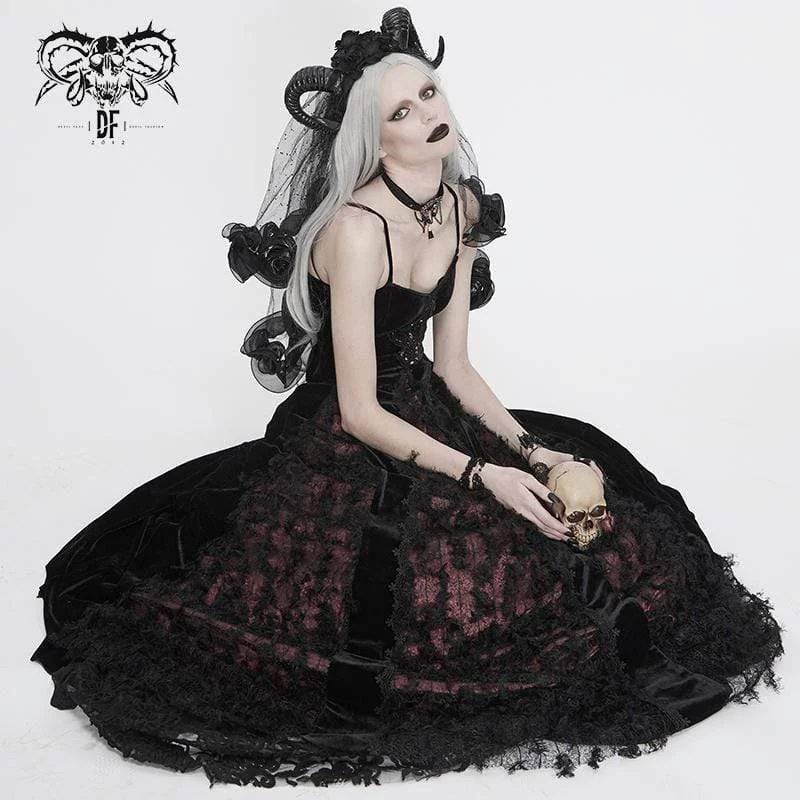 Women's Vintage Gothic Wedding Dresses Black and Red Velvet and Lace Ankle Length Dresses