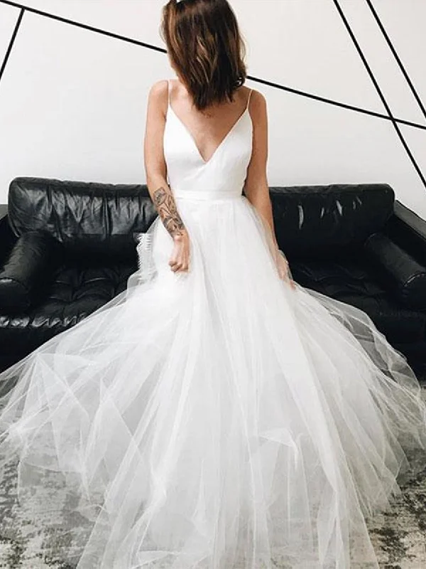 A Line V Neck White Tulle Long Prom Dresses, V Neck White Wedding Dresses, White Formal Dresses, Evening Dresses