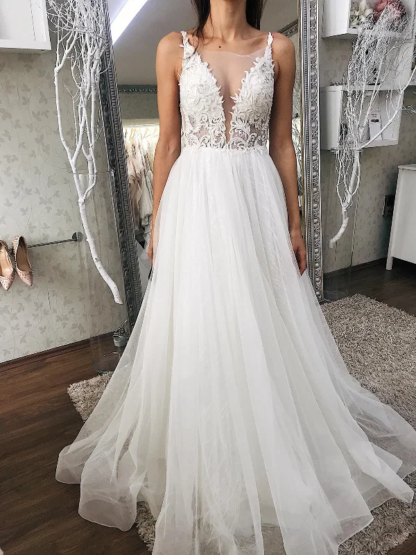 A Line V Neck Ivory Lace Long Prom Dresses, White Lace Wedding Dresses, Ivory Formal Evening Dresses SP2106