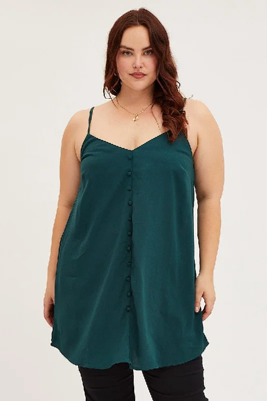 Blue Green Button Front Singlet Top