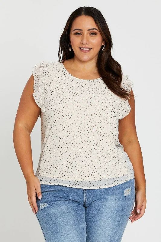 Geo Print Flutter Sleeve Cream Spot Top