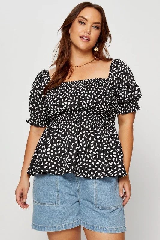 Geo Print Peplum Top Short Sleeve Shirred