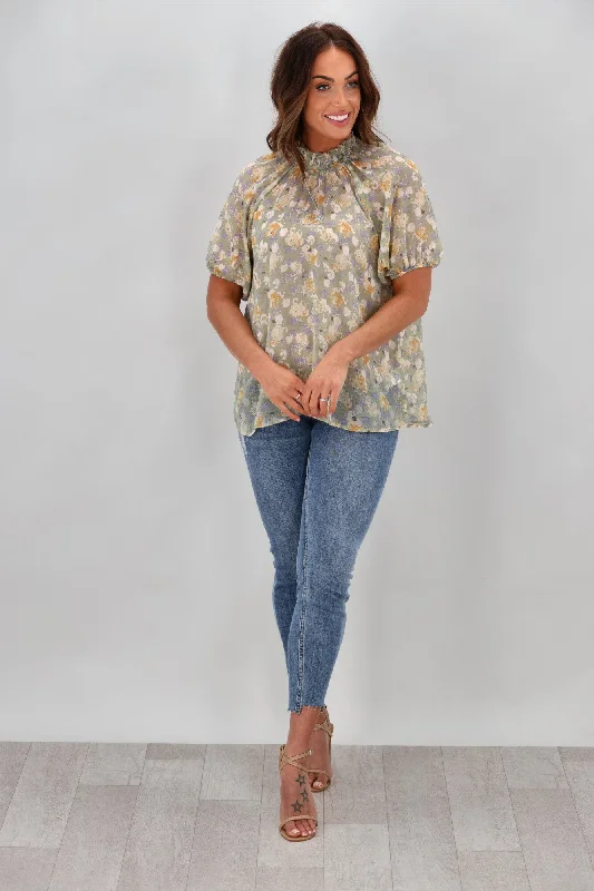 Gloss by Shine On Samala Ruffle Neck Top Sage Floral