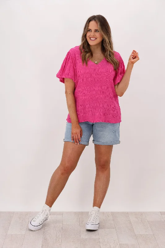 Gloss by Shine On Tina Textured Puffed Sleeve Top Pink