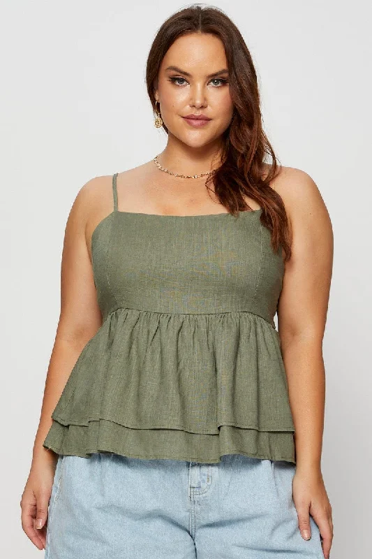 Green Singlet Top Babydoll Linen Blend