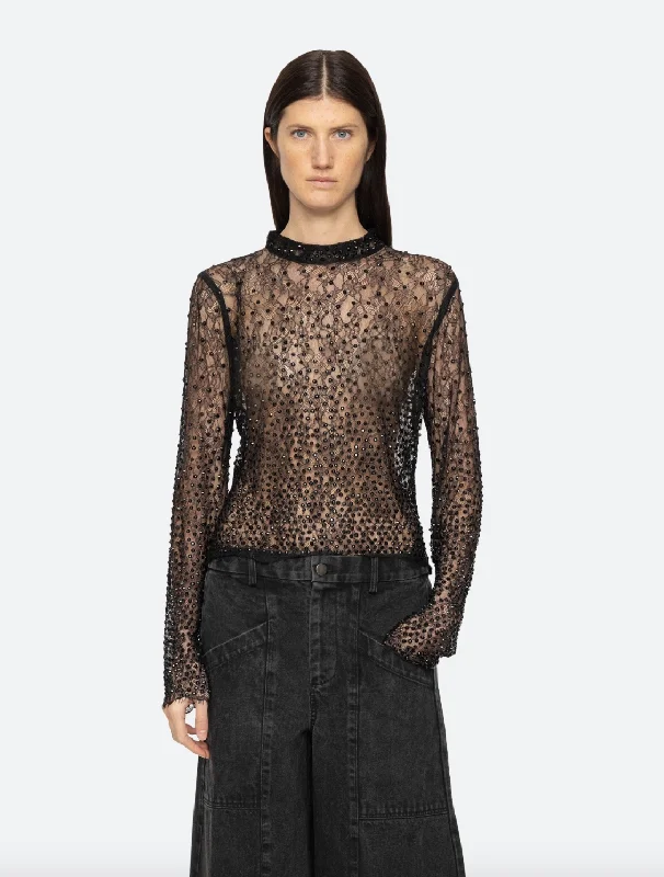 Seraphina Stone Lace High Neck Top - Black