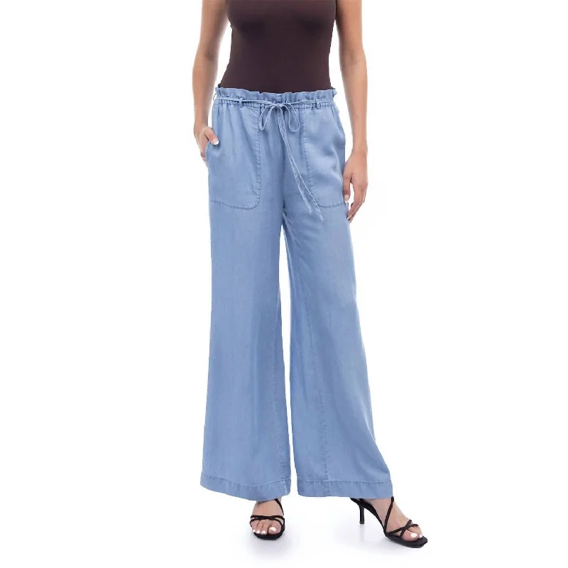 Frill Tie Waist Pants In Medium Blue