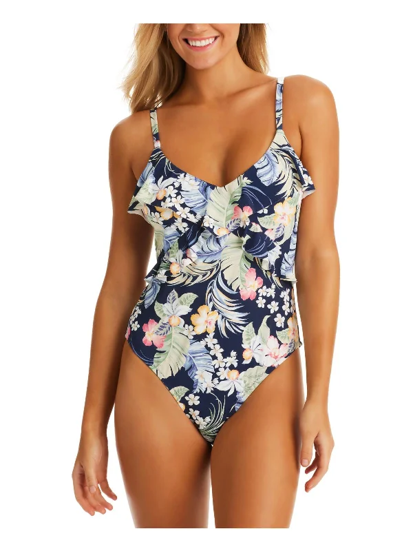 Womens Floral Ruffled One-Piece Swimsuit