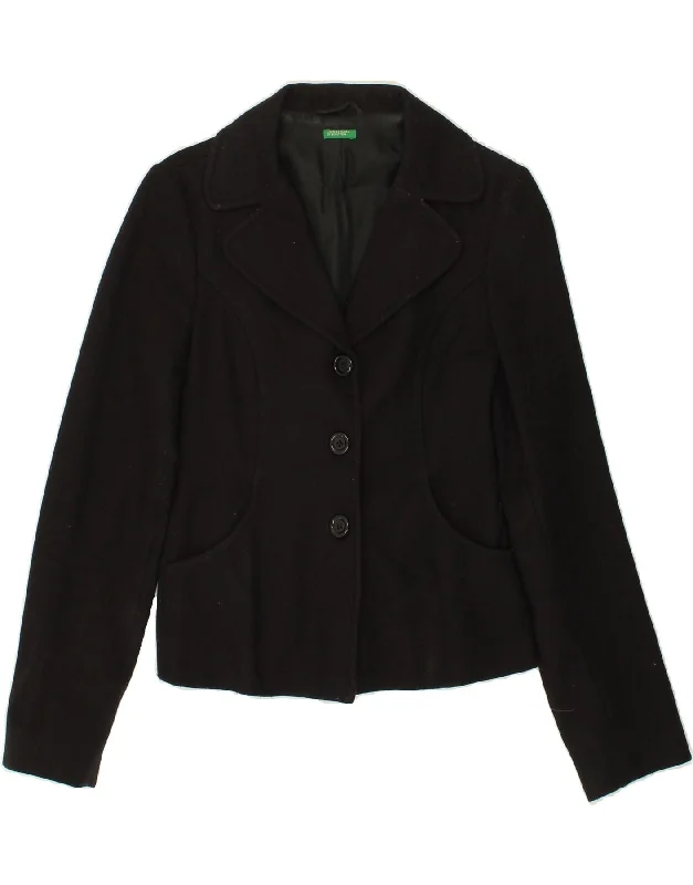 BENETTON Womens Crop 3 Button Blazer Jacket IT 40 Small Black Wool