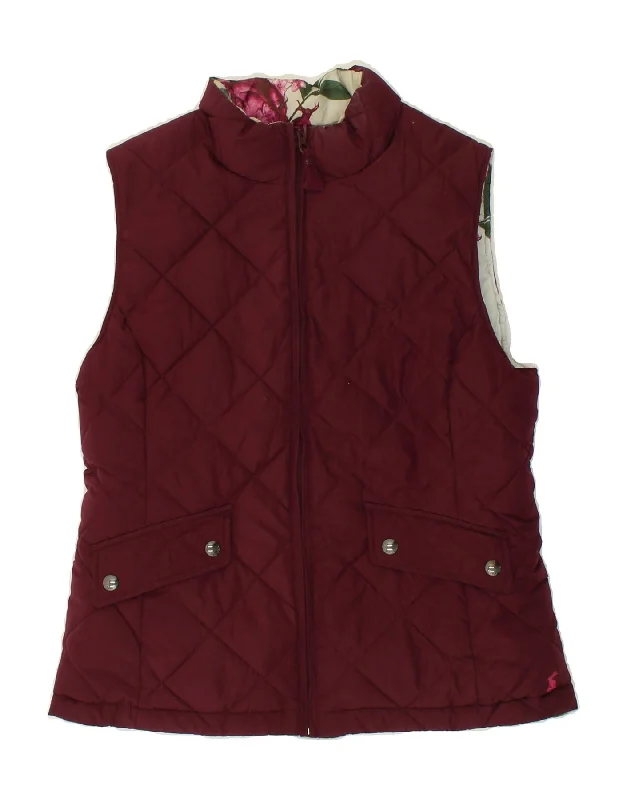 JOULES Womens Reversible Quilted Gilet UK 10 Small Maroon Floral Polyester