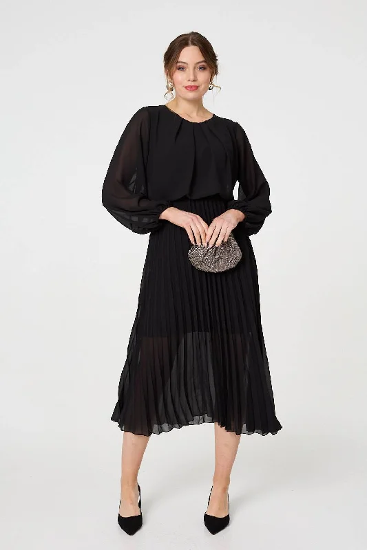 Semi Sheer Pleat Long Sleeve Midi Dress