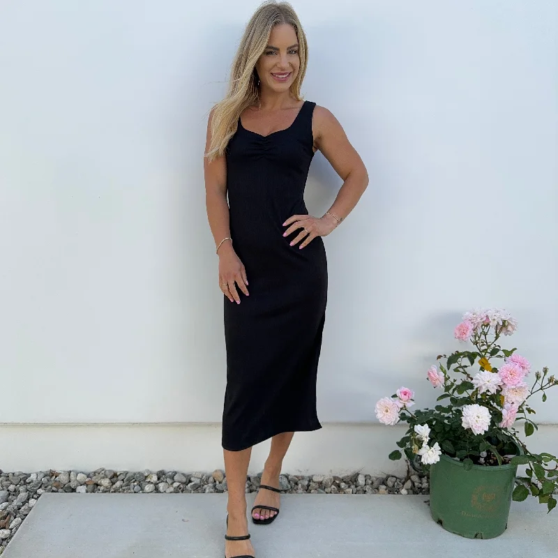 Kali Ribbed Midi Dress in Black