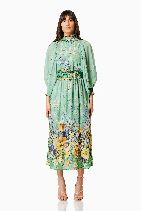 Holly Midi Floral Dress In Green