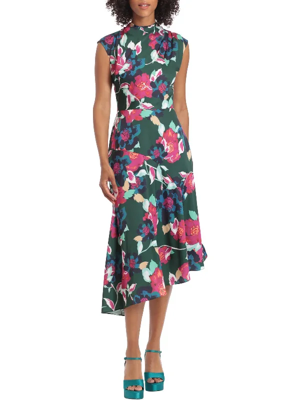 Womens Floral Asymmetric Midi Dress