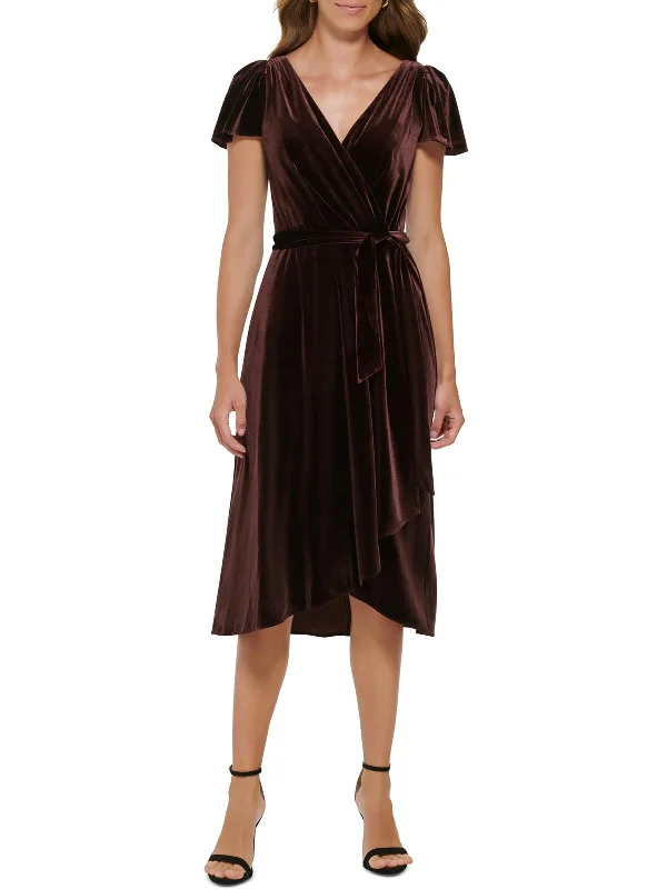 Womens Velvet Midi Wrap Dress