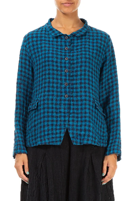 Buttoned Blue Check Linen Jacket