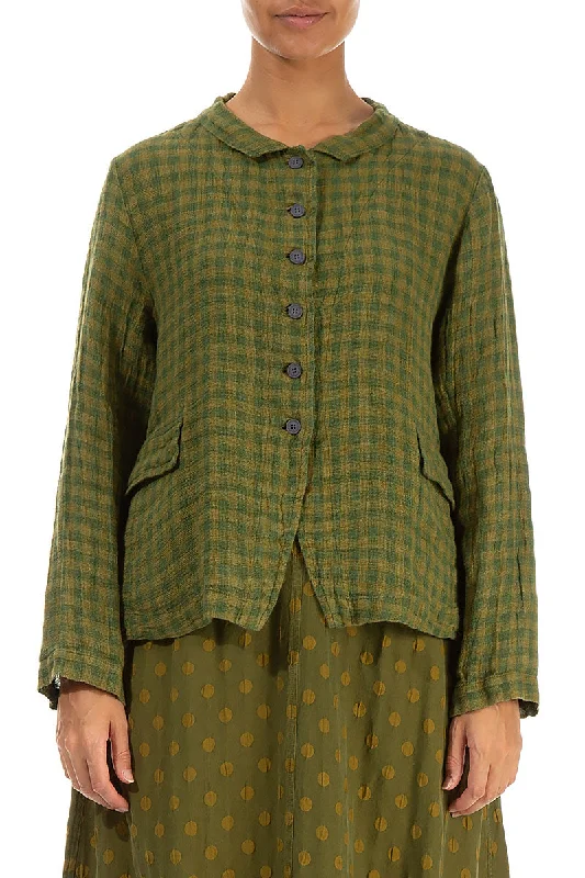 Buttoned Green Check Linen Jacket