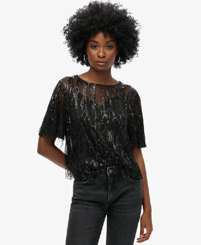 Sheer Short Sleeve Sequin Top | Black Fringe