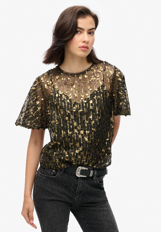 Sheer Short Sleeve Sequin Top | Brass Sequin