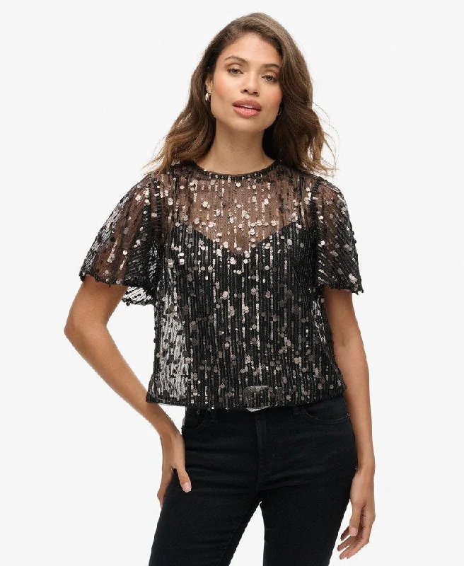 Sheer Short Sleeve Sequin Top | Pewter Sequin