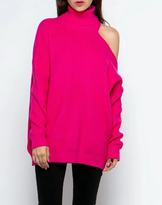 Shoulder-Baring Turtleneck Sweater In Hot Pink