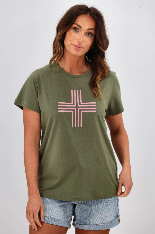 Stella + Gemma T-Shirt Khaki With Pink Cross