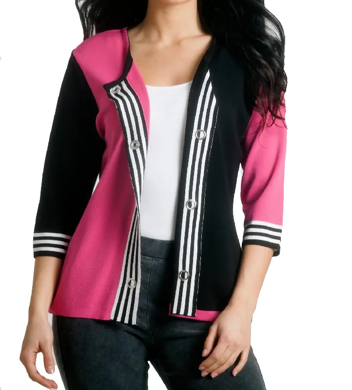 Striped Placket Cardigan In Black/fuchsia