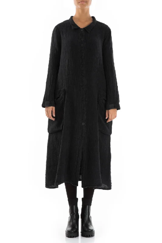 Stylish Long Black Mélange Linen Jacket