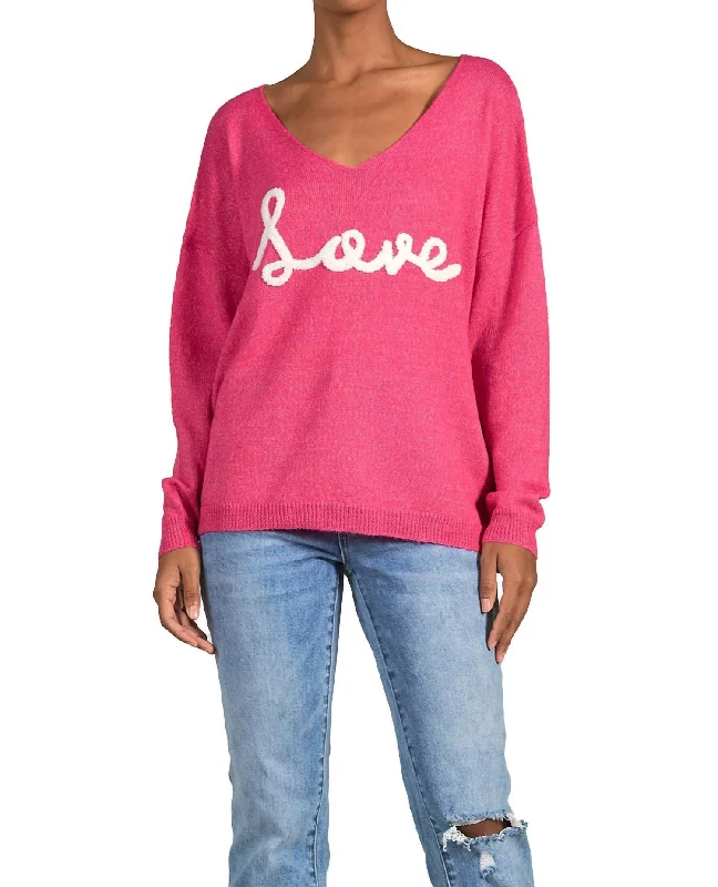 V-Neck "love" Sweater In Fuschia