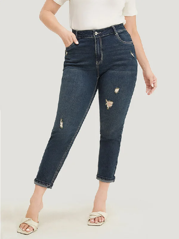 Very Stretchy  High Rise Dark Wash Distressed Stitch Jeans