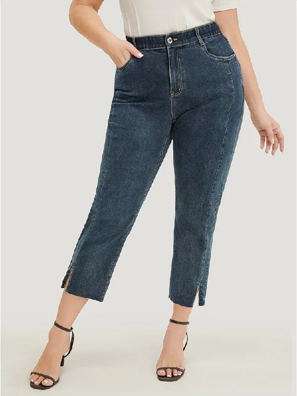 Very Stretchy High Rise Dark Wash Split Jeans